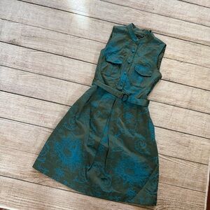J.Crew blue green sleeveless tapestry belted sz 00 knee length fully lined dress